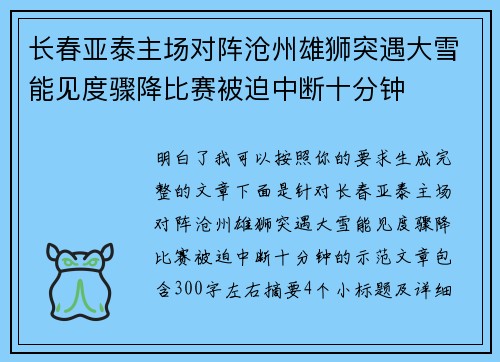 长春亚泰主场对阵沧州雄狮突遇大雪能见度骤降比赛被迫中断十分钟